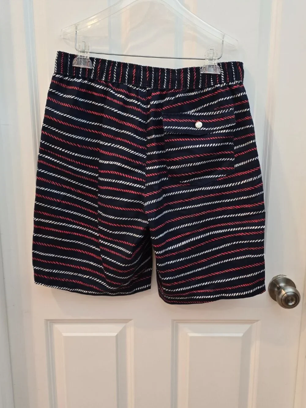 Land's End Men's Swim Trunks Size M Navy Red Rope Print Mesh Lined Board Shorts